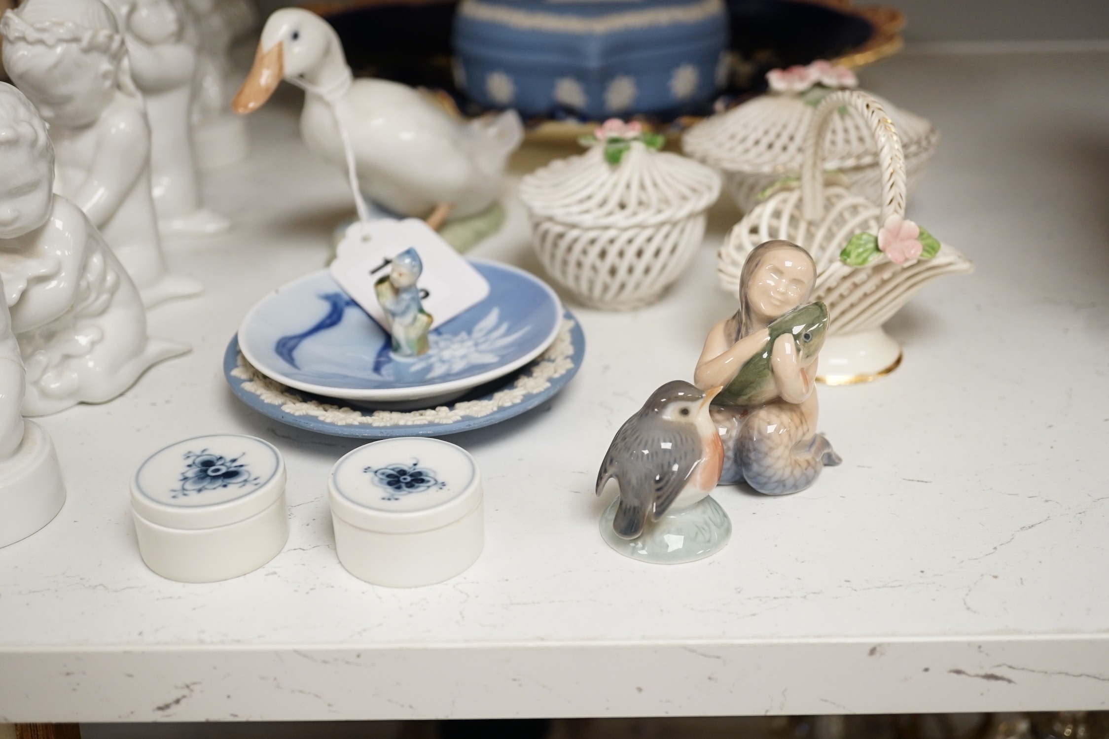 A Royal Copenhagen vase, various dishes and four ornaments, ten Bing & Grondahl figures, two Wedgwood jasperware pots and other ceramics, tallest 18cm